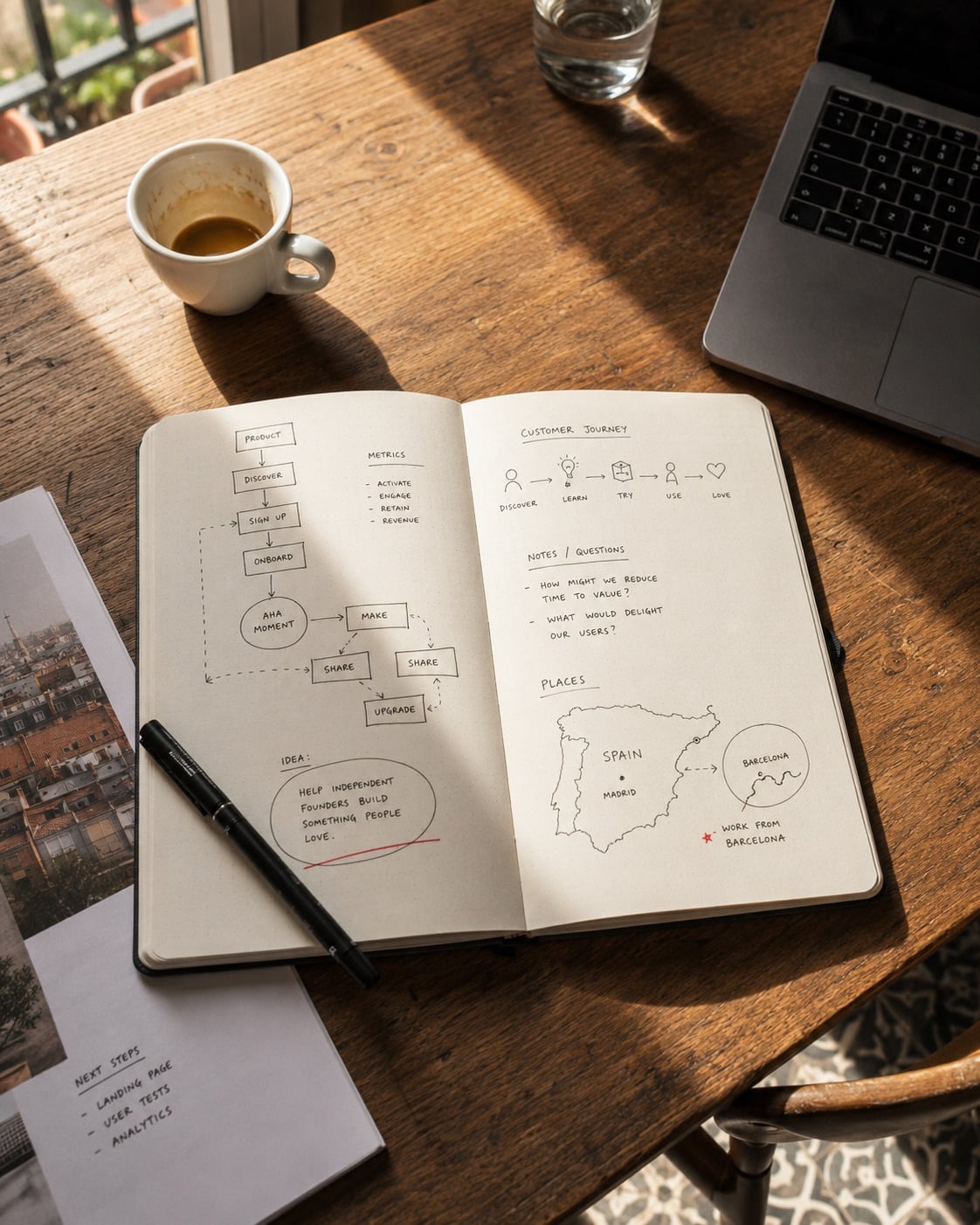 A founder’s notebook open on a Barcelona workspace desk